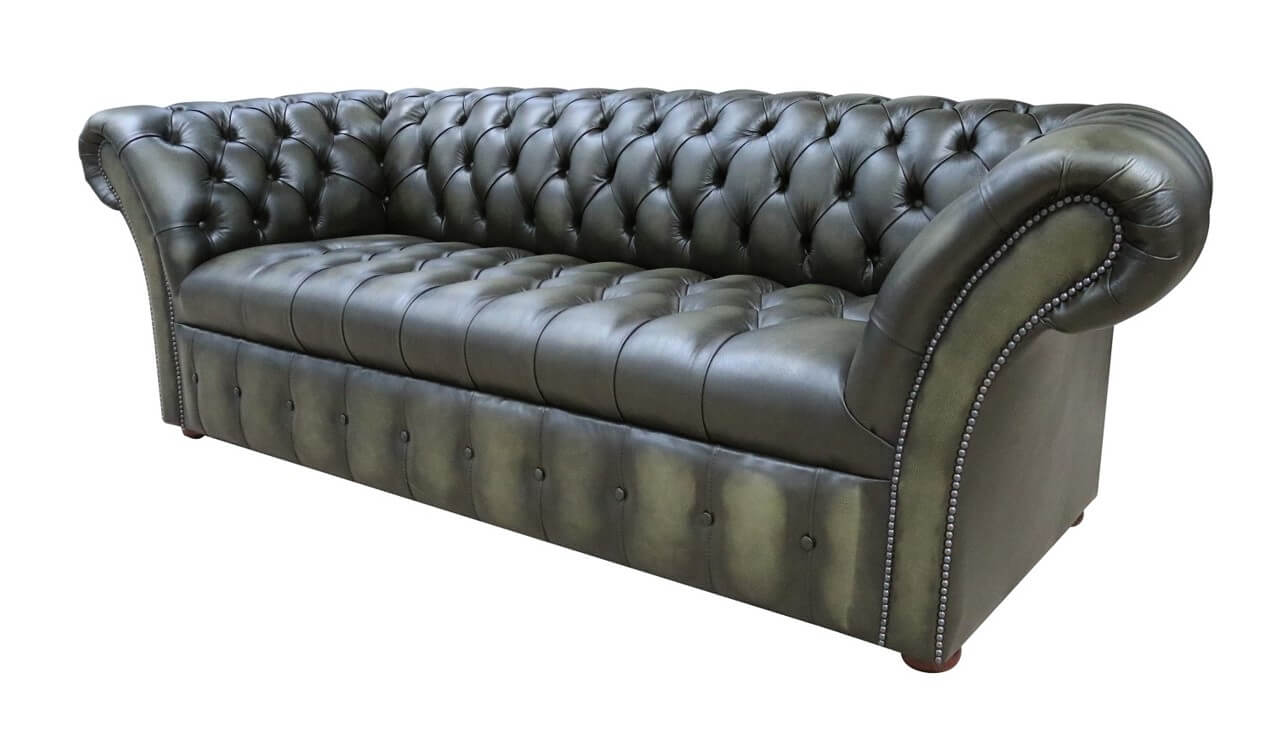 Product photograph of Chesterfield 3 Seater Buttoned Seat Sofa Antique Olive Green Leather In Balmoral Style from Chesterfield Sofas.