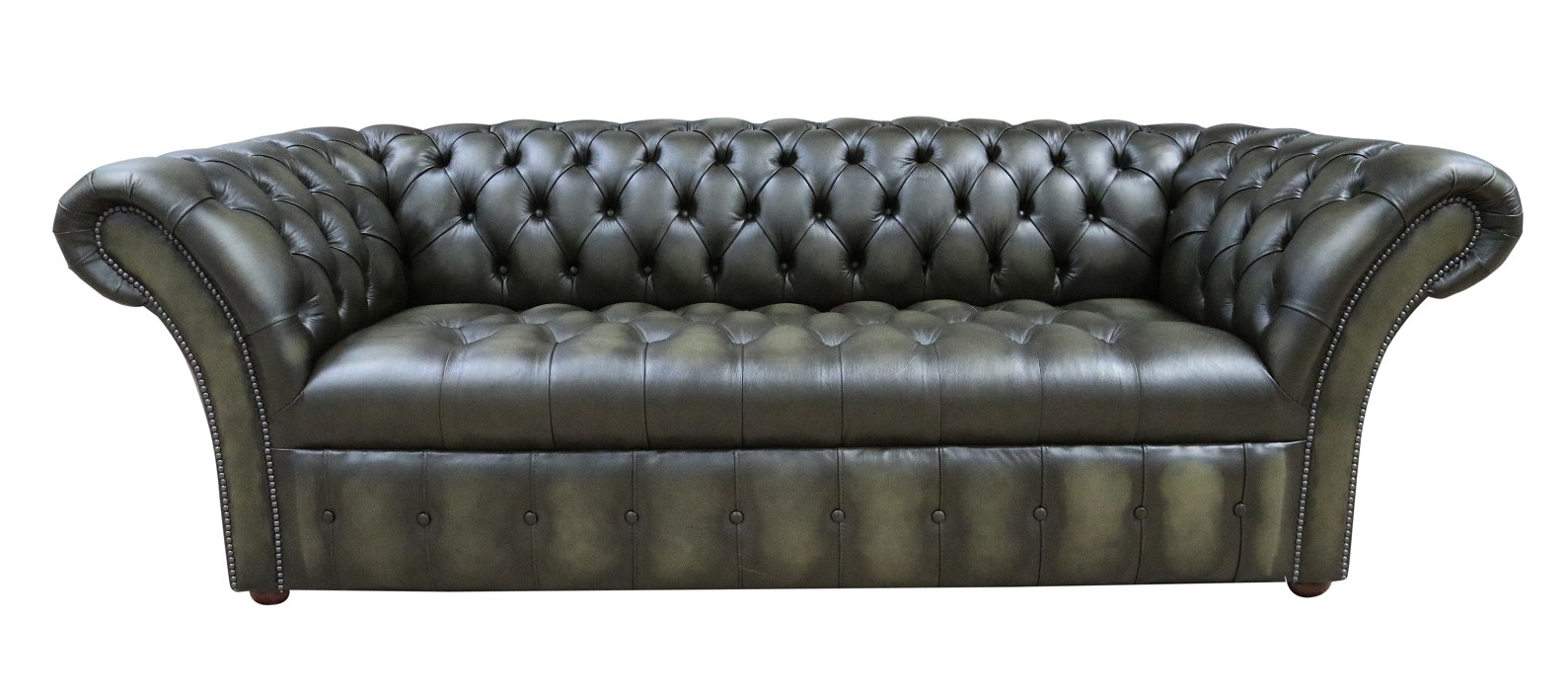 Product photograph of Chesterfield 3 Seater Buttoned Seat Sofa Antique Olive Green Leather In Balmoral Style from Chesterfield Sofas