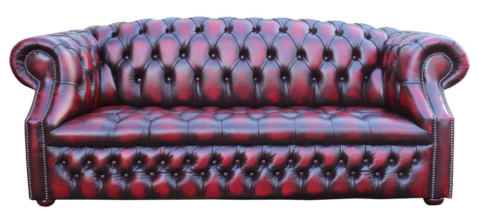 Product photograph of Chesterfield 3 Seater Buttoned Seat Sofa Antique Oxblood Leather In Buckingham Style from Chesterfield Sofas
