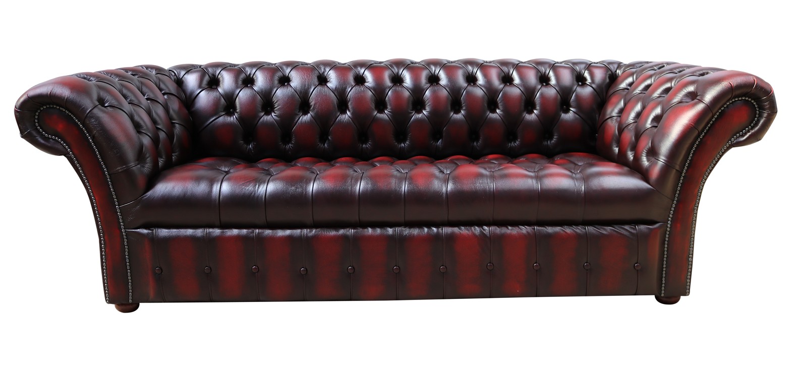 Product photograph of Chesterfield 3 Seater Buttoned Seat Sofa Antique Oxblood Red Real Leather In Balmoral Style from Chesterfield Sofas