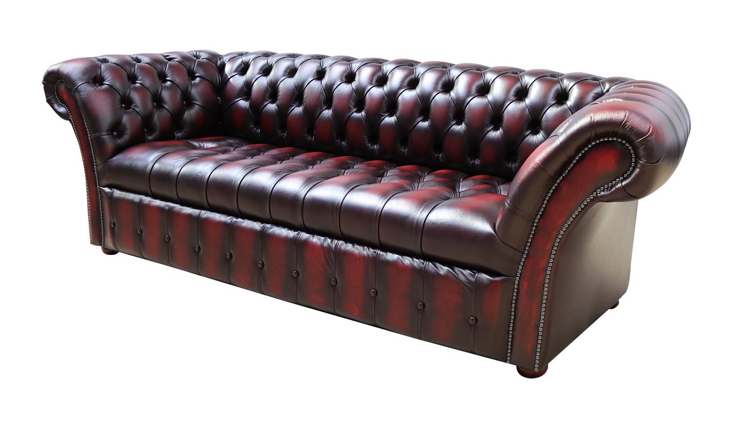 Product photograph of Chesterfield 3 Seater Buttoned Seat Sofa Antique Oxblood Red Real Leather In Balmoral Style from Chesterfield Sofas.