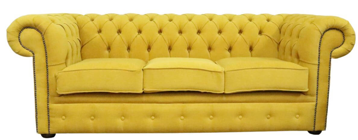 Product photograph of Chesterfield 3 Seater Cantare Mustard Yellow Easy Clean Fabric Sofa In Classic Style from Chesterfield Sofas