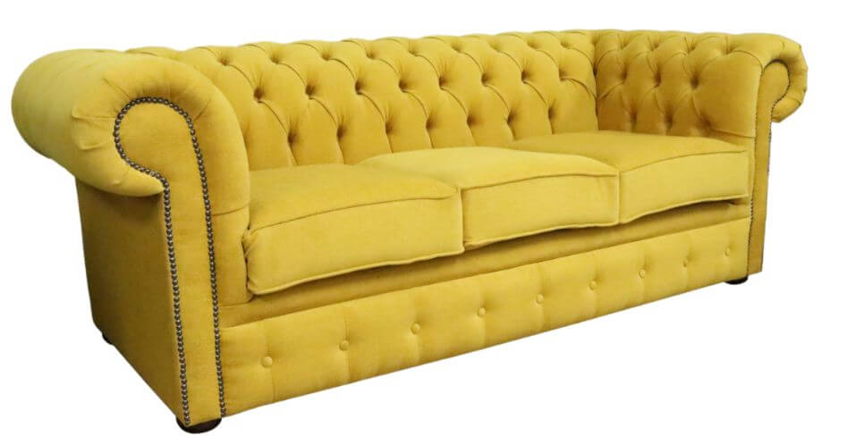 Product photograph of Chesterfield 3 Seater Cantare Mustard Yellow Easy Clean Fabric Sofa In Classic Style from Chesterfield Sofas.