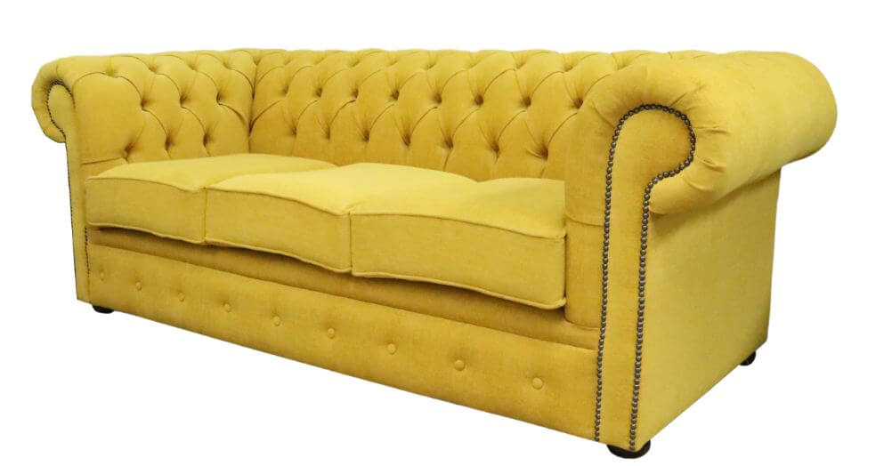Product photograph of Chesterfield 3 Seater Cantare Mustard Yellow Easy Clean Fabric Sofa In Classic Style from Chesterfield Sofas.