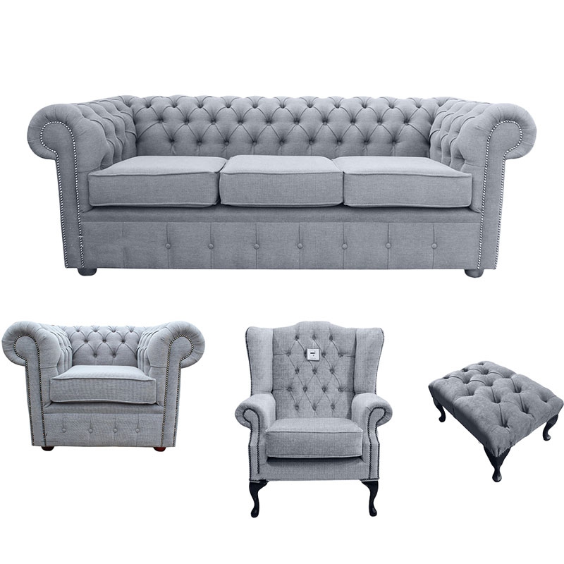 Product photograph of Chesterfield 3 Seater Club Chair Mallory Chair Footstool Verity Plain Steel Grey Fabric Sofa Suite from Chesterfield Sofas