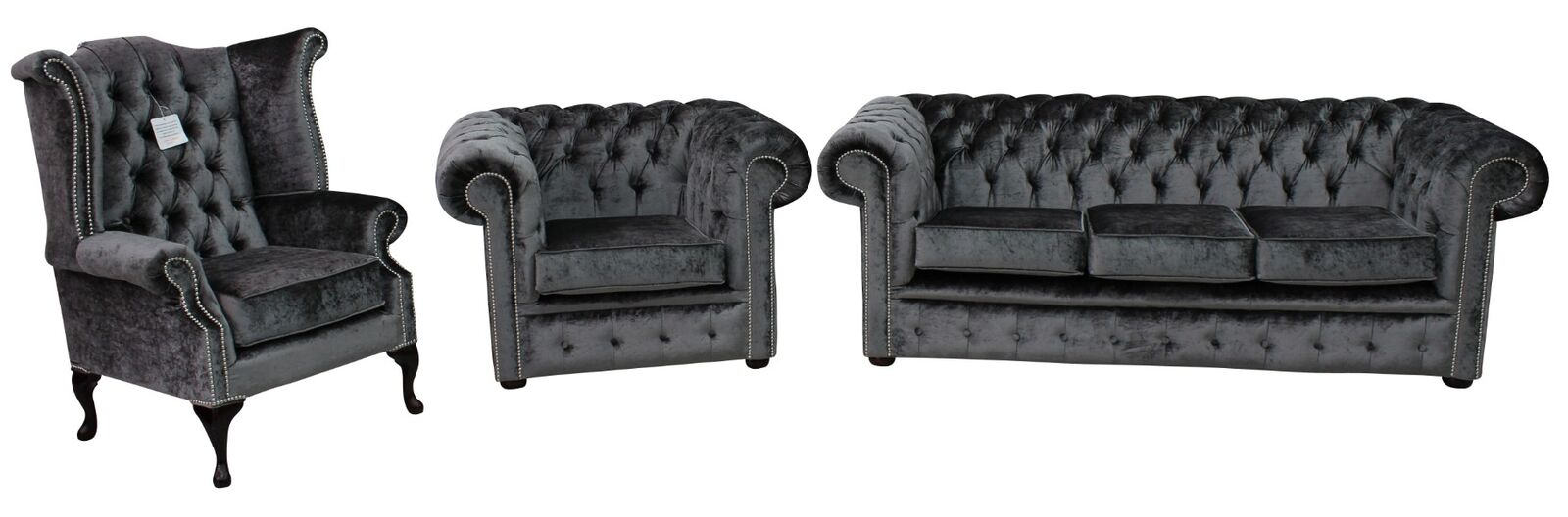 Product photograph of Chesterfield 3 Seater Club Chair Queen Anne Chair Boutique Storm Black Velvet Fabric Sofa Suite from Chesterfield Sofas