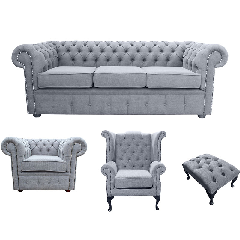 Product photograph of Chesterfield 3 Seater Club Chair Queen Anne Chair Footstool Verity Plain Steel Grey Fabric Sofa Suite from Chesterfield Sofas