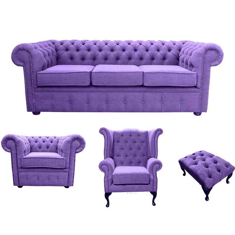 Product photograph of Chesterfield 3 Seater Club Chair Queen Anne Chair Footstool Verity Purple Fabric Sofa Suite from Chesterfield Sofas