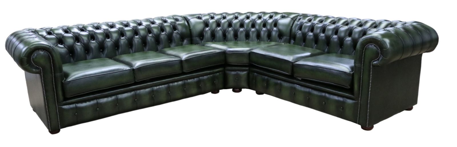 Product photograph of Chesterfield 3 Seater Corner 2 Seater Antique Green Leather Cushioned Seat Corner Sofa In Classic Style from Chesterfield Sofas
