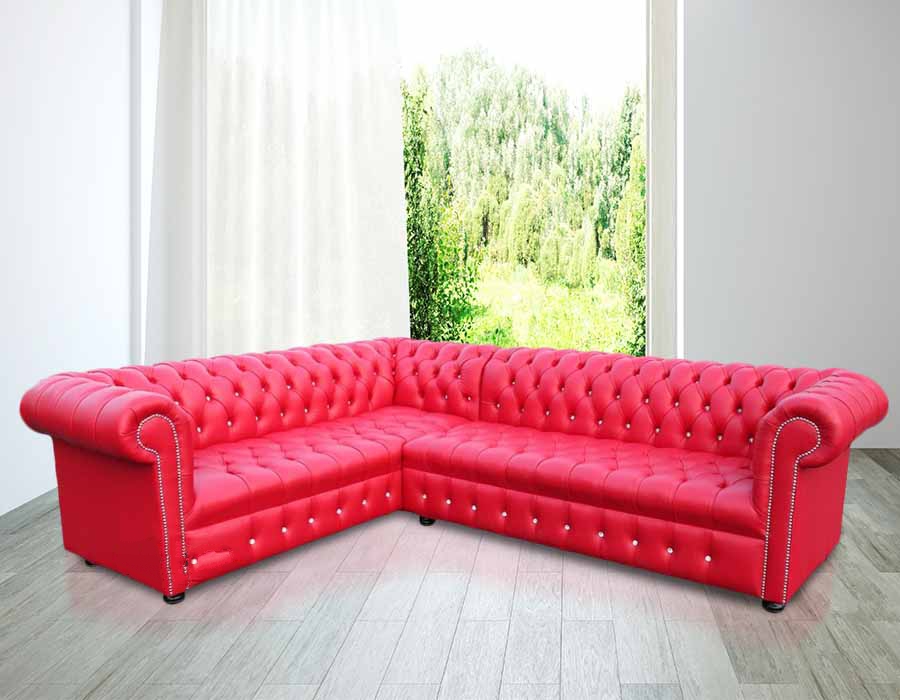 Product photograph of Chesterfield 3 Seater Corner 2 Seater Flame Red Leather Crystal Buttoned Seat Corner Sofa Unit In Classic Style from Chesterfield Sofas
