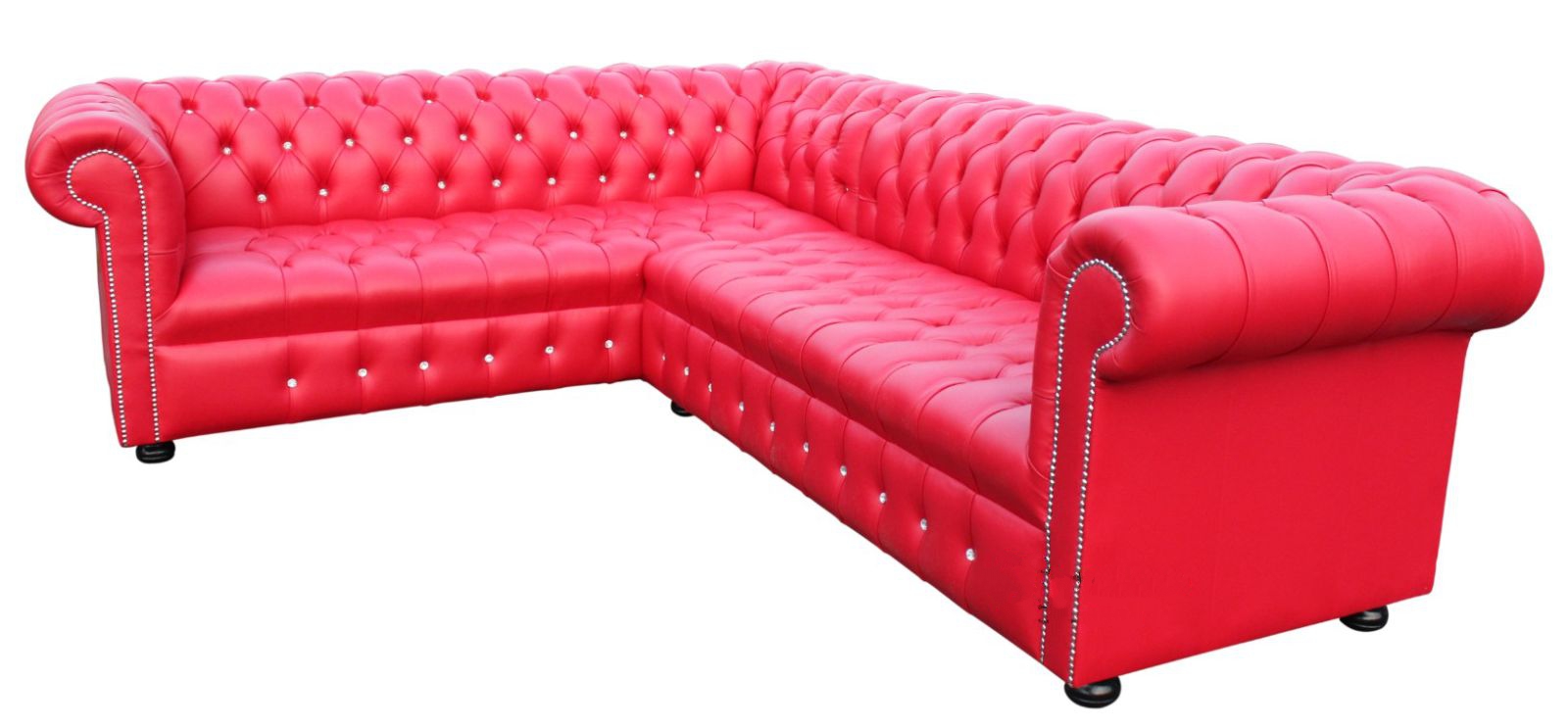 Product photograph of Chesterfield 3 Seater Corner 2 Seater Flame Red Leather Crystal Buttoned Seat Corner Sofa Unit In Classic Style from Chesterfield Sofas.