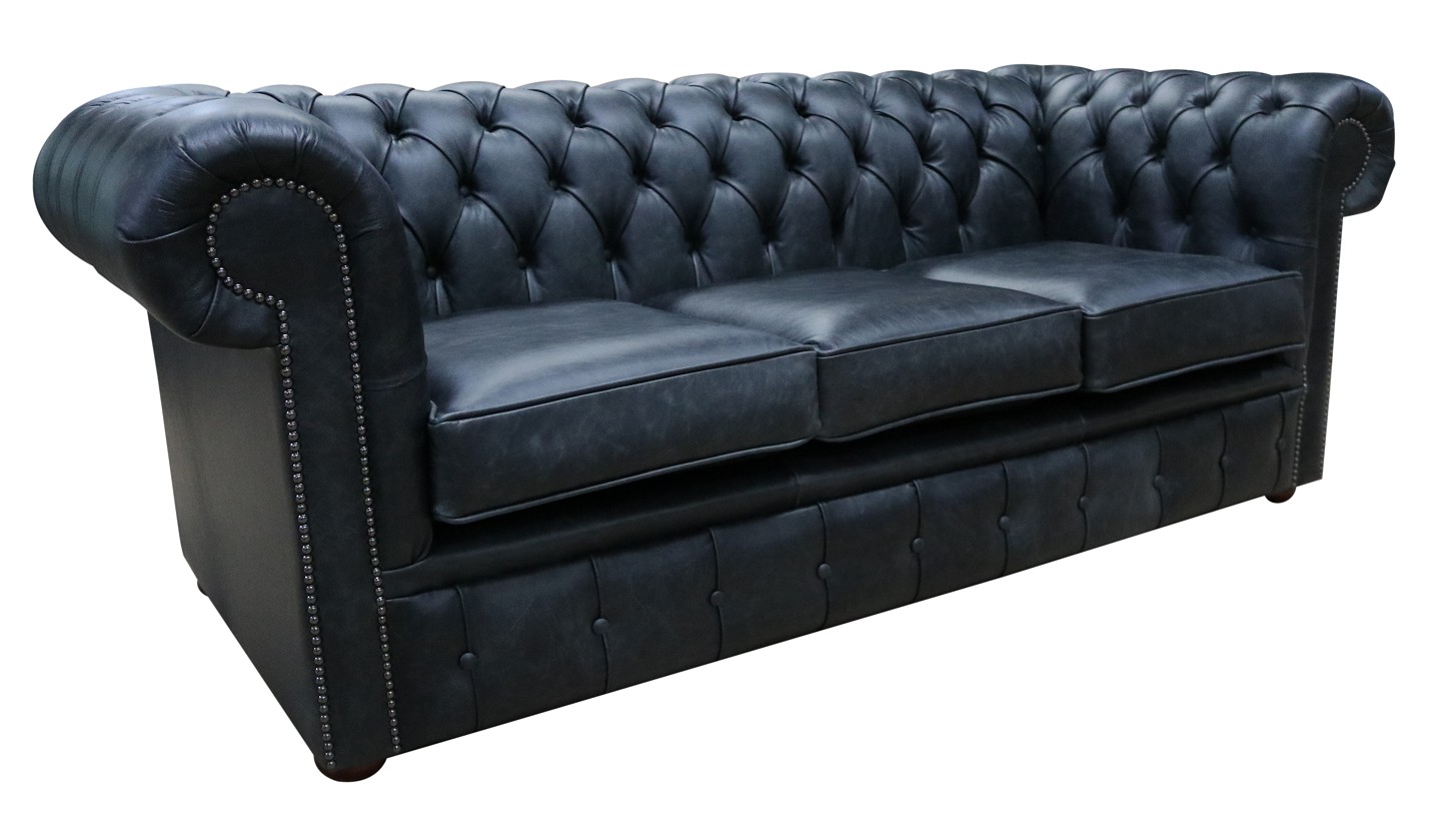 Product photograph of Chesterfield 3 Seater Cracked Wax Jet Black Leather Sofa Settee In Classic Style from Chesterfield Sofas.