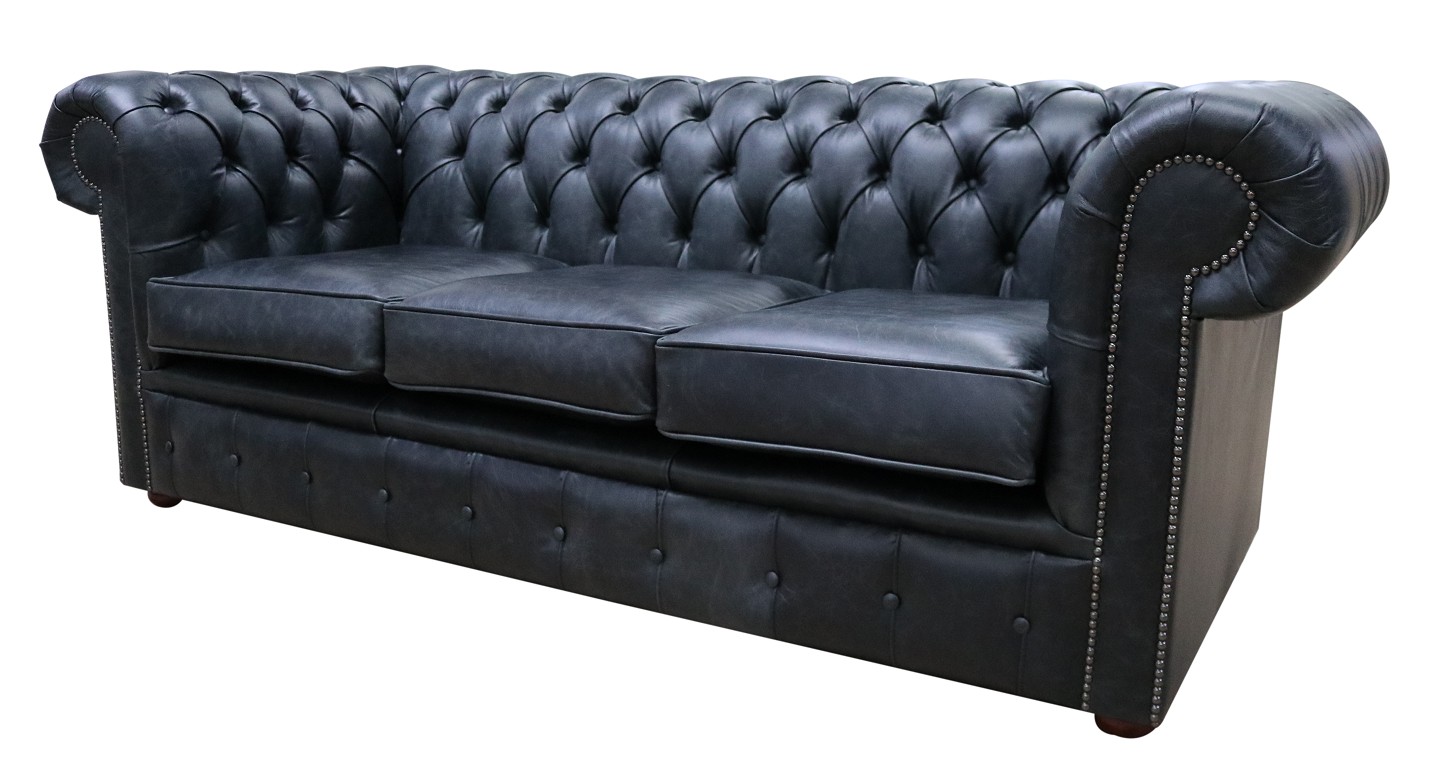 Product photograph of Chesterfield 3 Seater Cracked Wax Jet Black Leather Sofa Settee In Classic Style from Chesterfield Sofas.