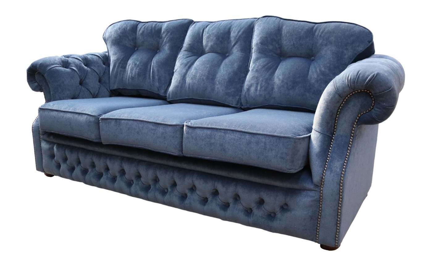 Product photograph of Chesterfield 3 Seater Denim Blue Fabric Sofa Settee Bespoke In Era Style from Chesterfield Sofas.