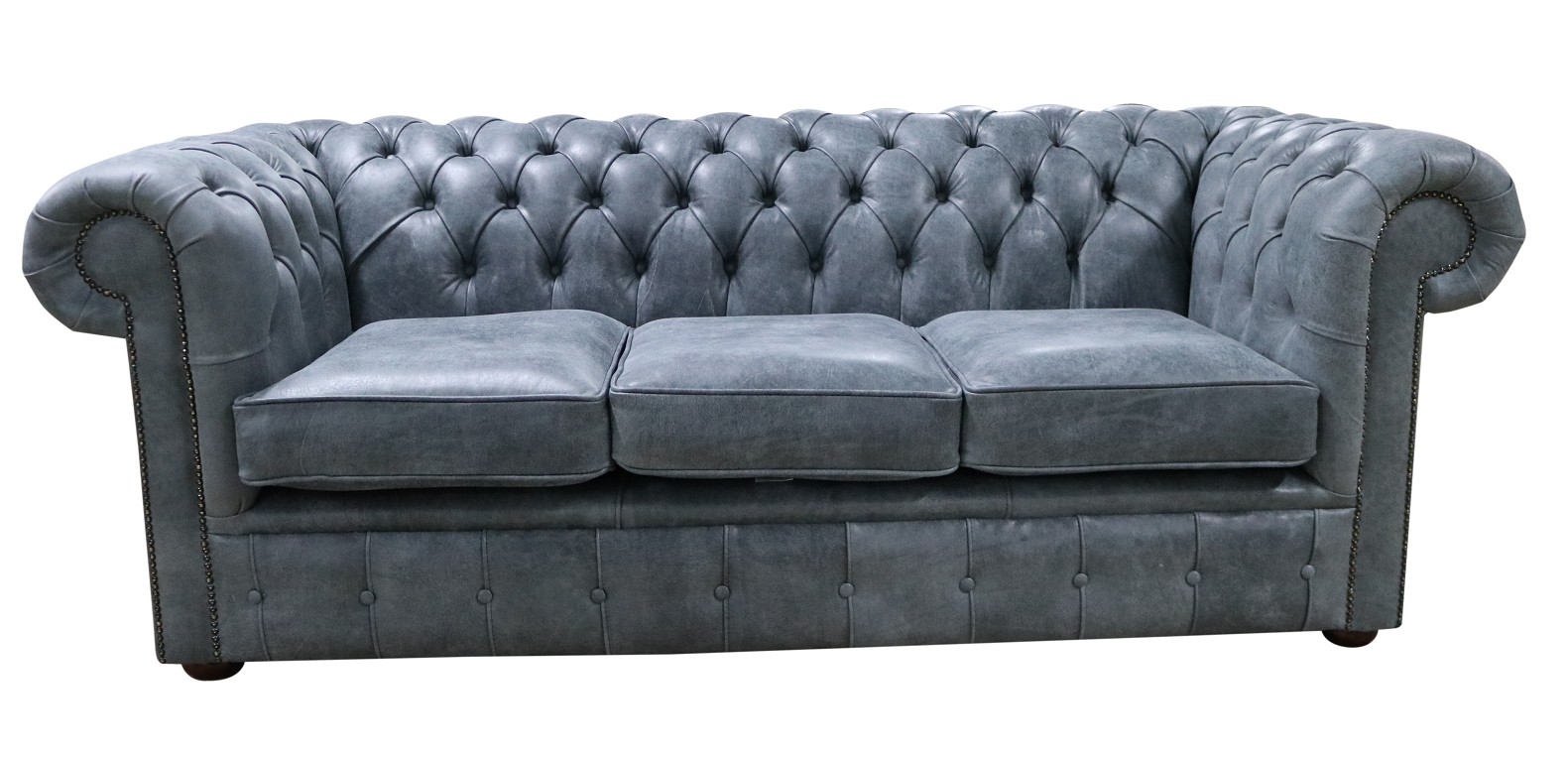 Product photograph of Chesterfield 3 Seater Devil Grigio Aniline Blue Leather Sofa In Classic Style from Chesterfield Sofas