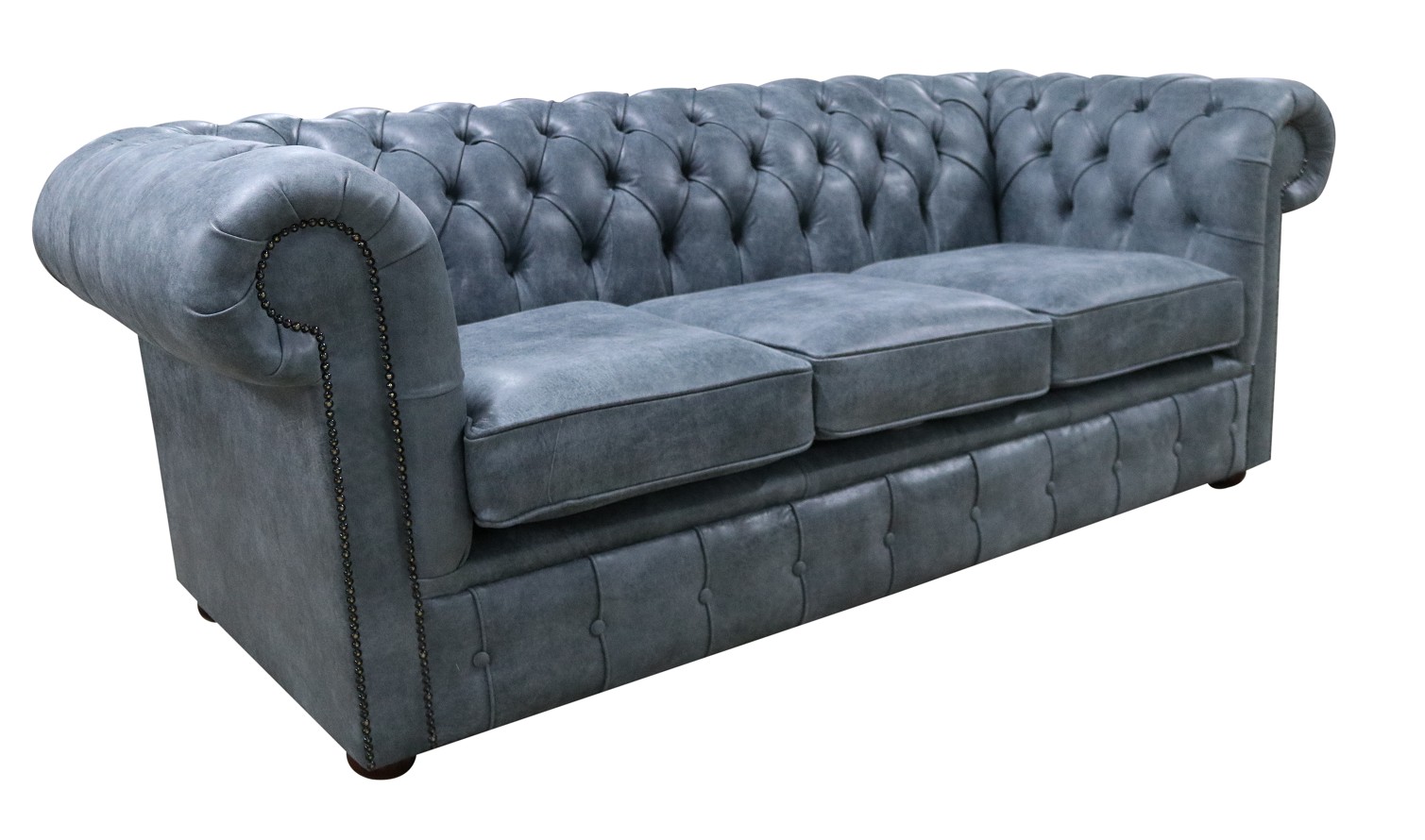 Product photograph of Chesterfield 3 Seater Devil Grigio Aniline Blue Leather Sofa In Classic Style from Chesterfield Sofas.