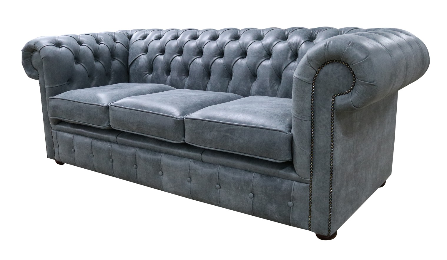 Product photograph of Chesterfield 3 Seater Devil Grigio Aniline Blue Leather Sofa In Classic Style from Chesterfield Sofas.