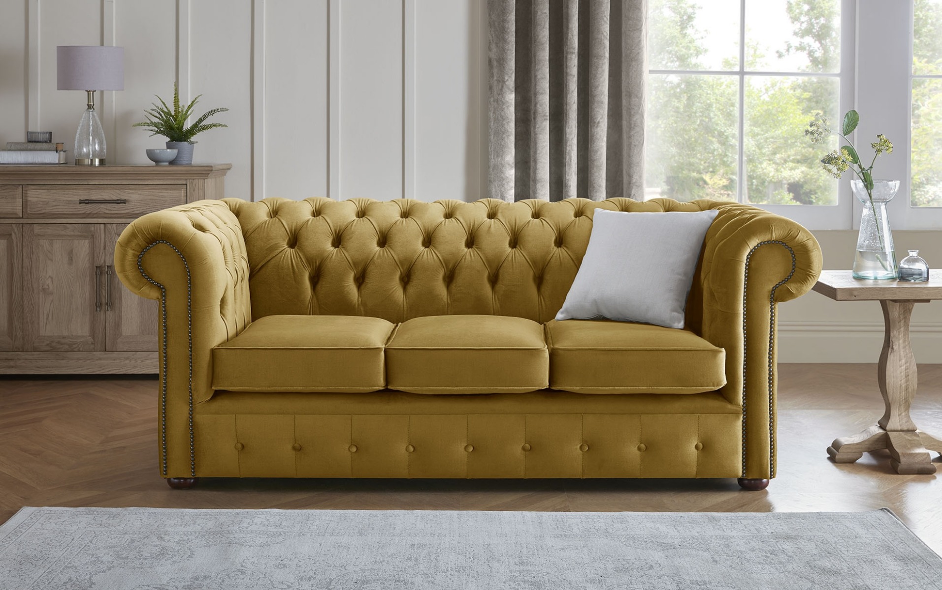 Product photograph of Chesterfield 3 Seater Fabric Malta Gold 13 Sofa from Chesterfield Sofas