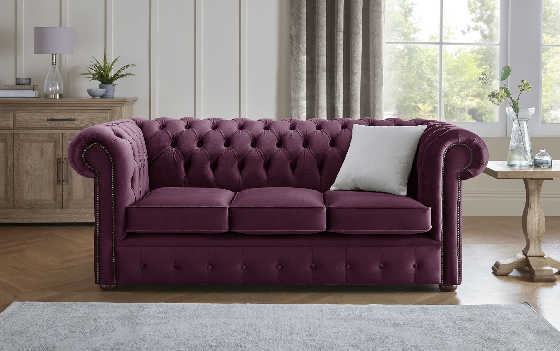 Product photograph of Chesterfield 3 Seater Fabric Malta Purple 01 Sofa from Chesterfield Sofas
