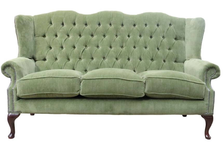 Product photograph of Chesterfield 3 Seater Flat Wing High Back Sofa Aruba Forest Green Fabric In Queen Anne Style from Chesterfield Sofas
