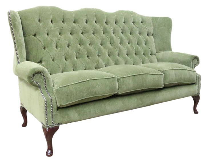 Product photograph of Chesterfield 3 Seater Flat Wing High Back Sofa Aruba Forest Green Fabric In Queen Anne Style from Chesterfield Sofas.