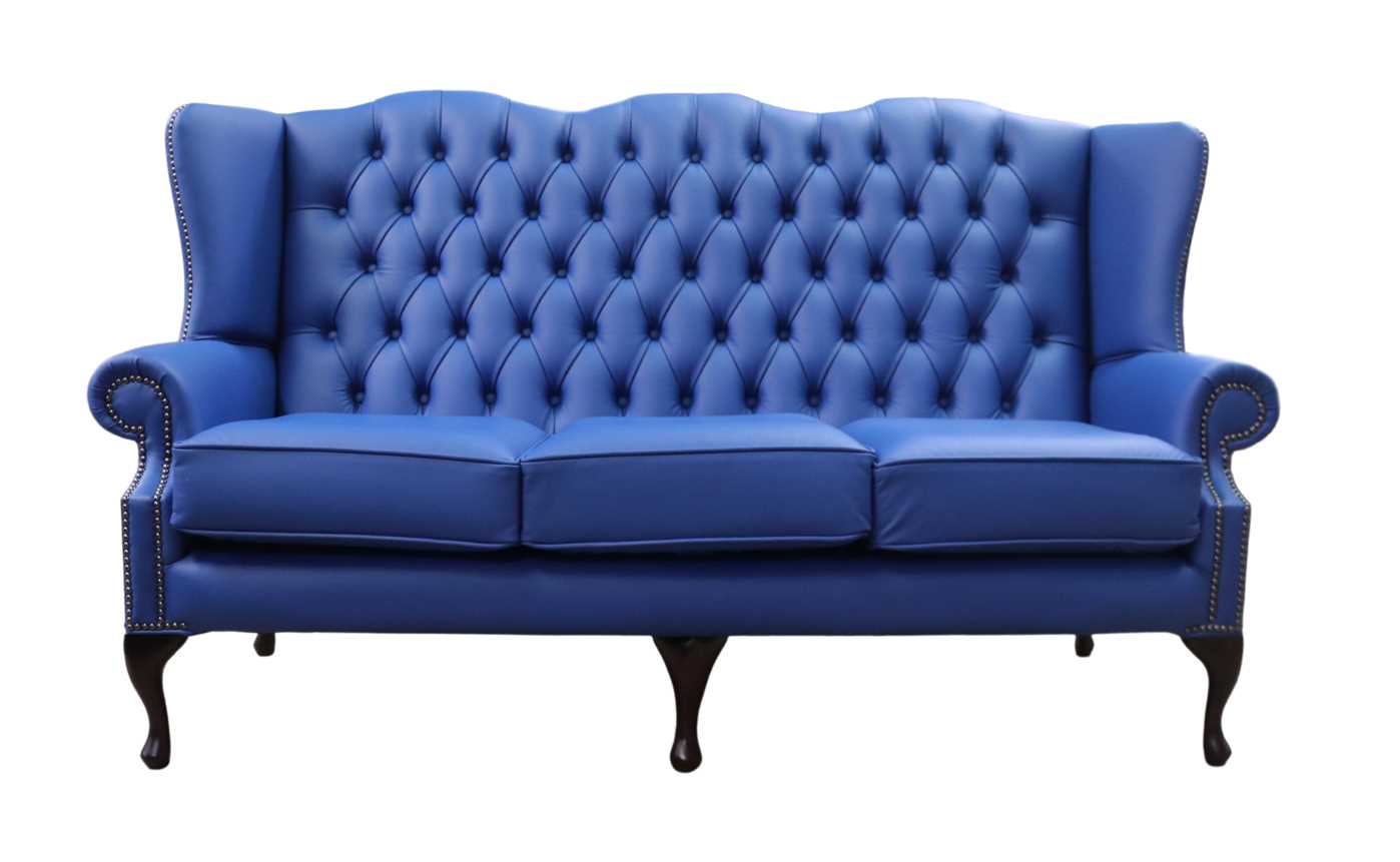 Product photograph of Chesterfield 3 Seater Flat Wing High Back Sofa Ultramarine Blue Leather In Queen Anne Style from Chesterfield Sofas