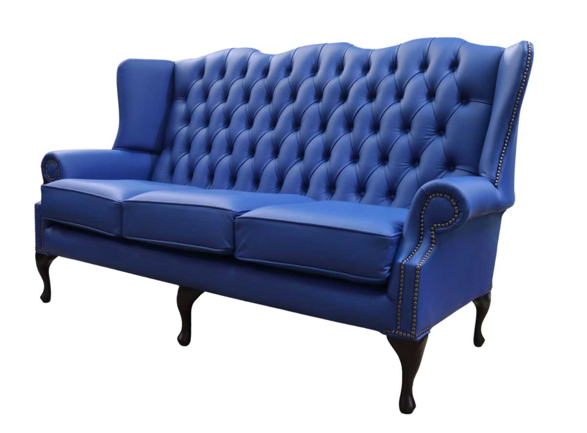 Product photograph of Chesterfield 3 Seater Flat Wing High Back Sofa Ultramarine Blue Leather In Queen Anne Style from Chesterfield Sofas.