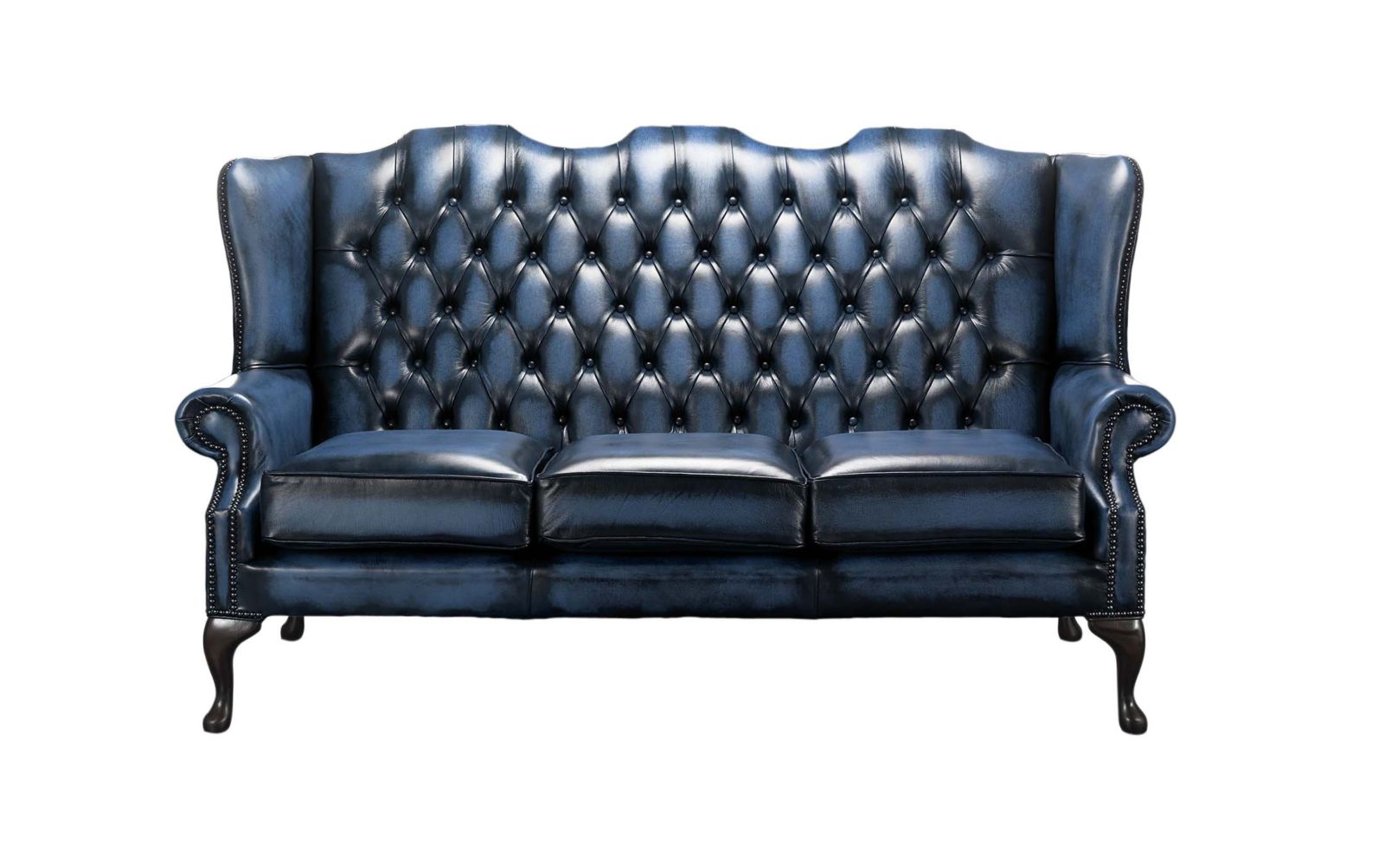 Product photograph of Chesterfield 3 Seater High Back Antique Blue Leather Sofa In Mallory Style from Chesterfield Sofas
