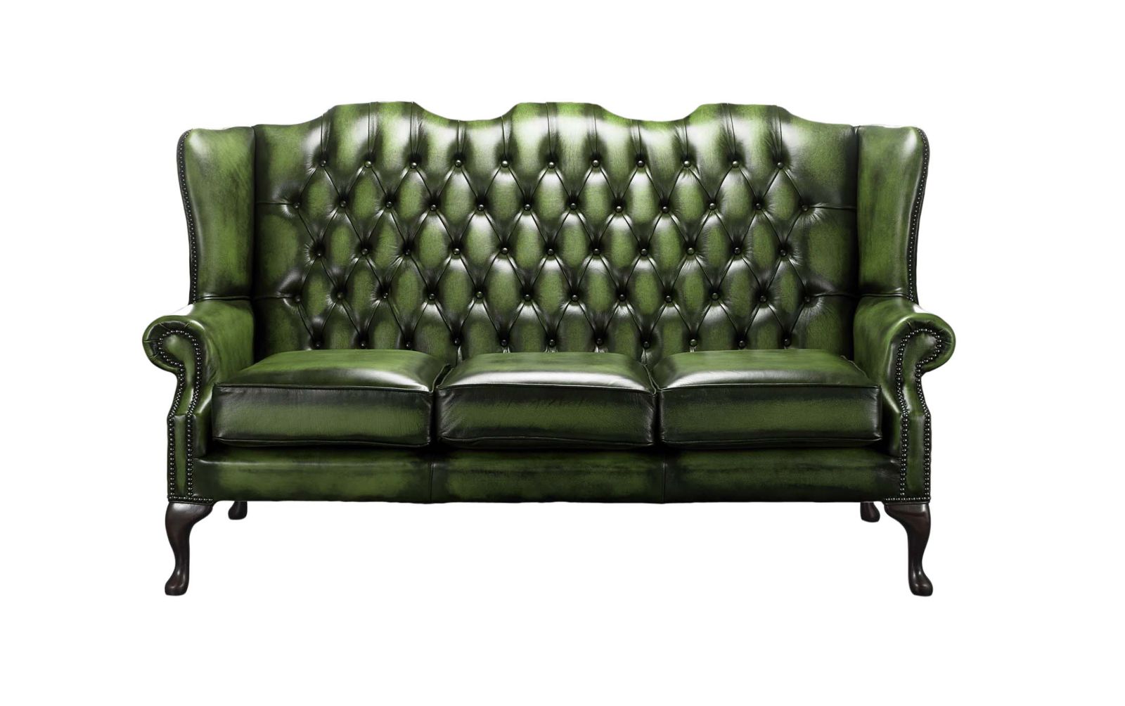 Product photograph of Chesterfield 3 Seater High Back Antique Green Real Leather Sofa In Mallory Style from Chesterfield Sofas