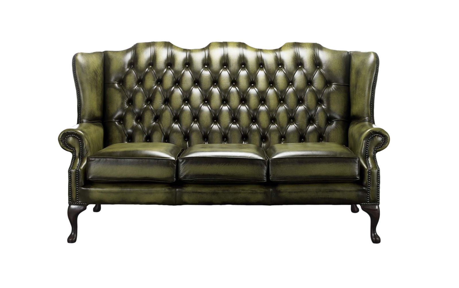 Product photograph of Chesterfield 3 Seater High Back Antique Olive Leather Sofa In Mallory Style from Chesterfield Sofas