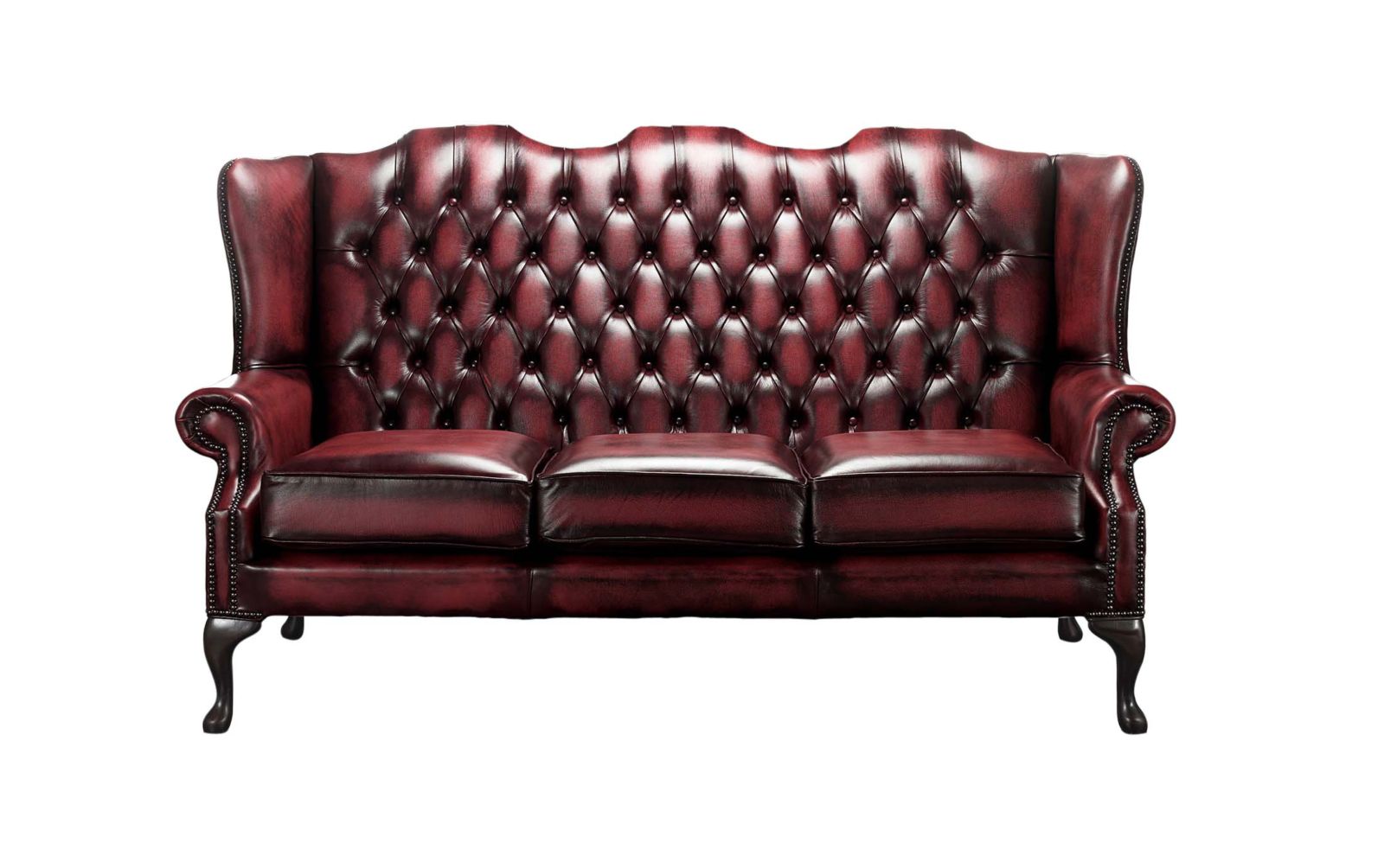 Product photograph of Chesterfield 3 Seater High Back Antique Oxblood Leather Sofa In Mallory Style from Chesterfield Sofas