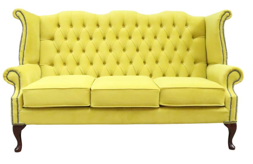 Product photograph of Chesterfield 3 Seater High Back Sofa Amalfi Buttercup Yellow Velvet Fabric In Queen Anne Style from Chesterfield Sofas