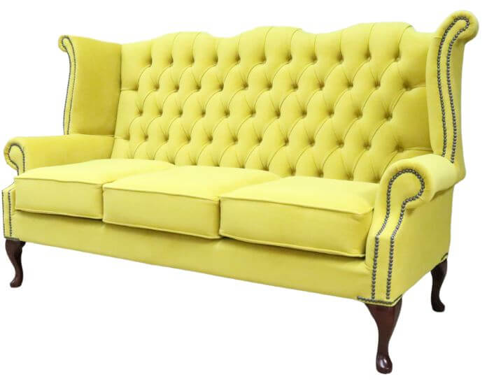 Product photograph of Chesterfield 3 Seater High Back Sofa Amalfi Buttercup Yellow Velvet Fabric In Queen Anne Style from Chesterfield Sofas.