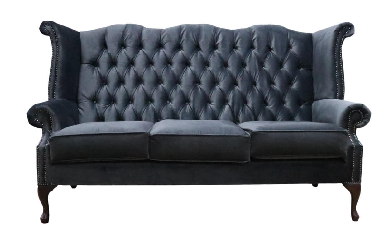 Product photograph of Chesterfield 3 Seater High Back Sofa Amalfi Charcoal Black Velvet Fabric In Queen Anne Style from Chesterfield Sofas