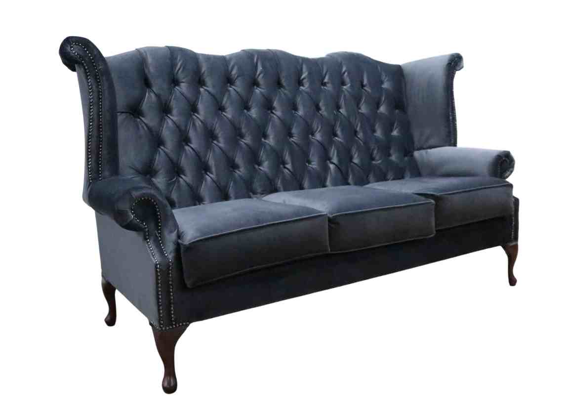 Product photograph of Chesterfield 3 Seater High Back Sofa Amalfi Charcoal Black Velvet Fabric In Queen Anne Style from Chesterfield Sofas.