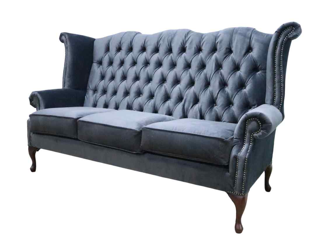 Product photograph of Chesterfield 3 Seater High Back Sofa Amalfi Charcoal Black Velvet Fabric In Queen Anne Style from Chesterfield Sofas.