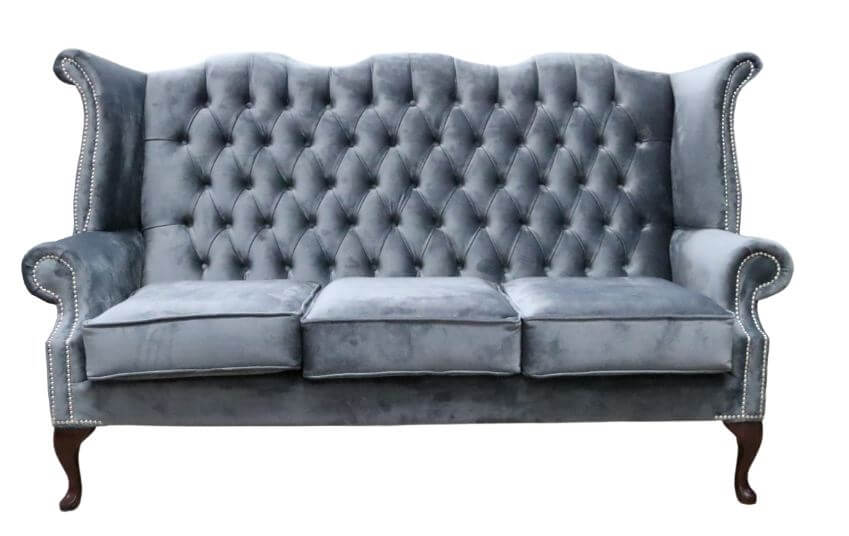 Product photograph of Chesterfield 3 Seater High Back Sofa Amalfi Steel Grey Velvet Fabric In Queen Anne Style from Chesterfield Sofas