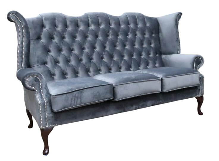 Product photograph of Chesterfield 3 Seater High Back Sofa Amalfi Steel Grey Velvet Fabric In Queen Anne Style from Chesterfield Sofas.