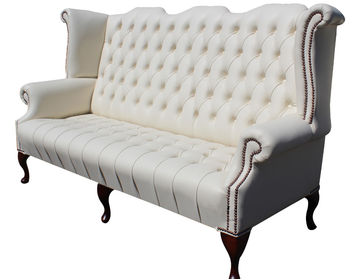Product photograph of Chesterfield 3 Seater High Back Wing Chair Cottonseed Cream Leather Sofa In Queen Anne Style from Chesterfield Sofas.