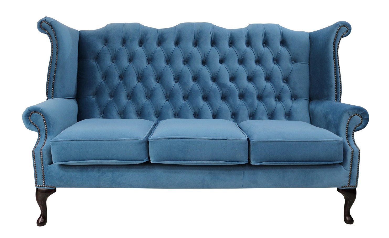 Product photograph of Chesterfield 3 Seater High Back Wing Sofa Amalfi Cadet Blue Velvet In Queen Anne Style from Chesterfield Sofas