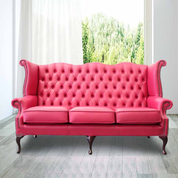 Product photograph of Chesterfield 3 Seater High Back Wing Sofa Shelly Anemone Leather In Queen Anne Style from Chesterfield Sofas.