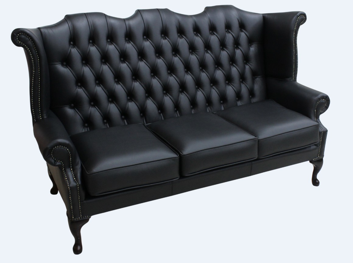 Product photograph of Chesterfield 3 Seater High Back Wing Sofa Shelly Black Leather In Queen Anne Style from Chesterfield Sofas.