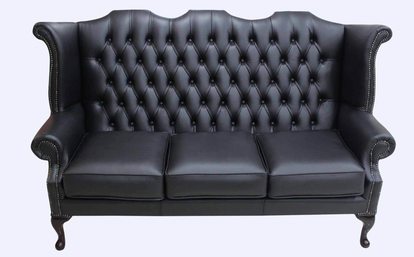 Product photograph of Chesterfield 3 Seater High Back Wing Sofa Shelly Black Leather In Queen Anne Style from Chesterfield Sofas