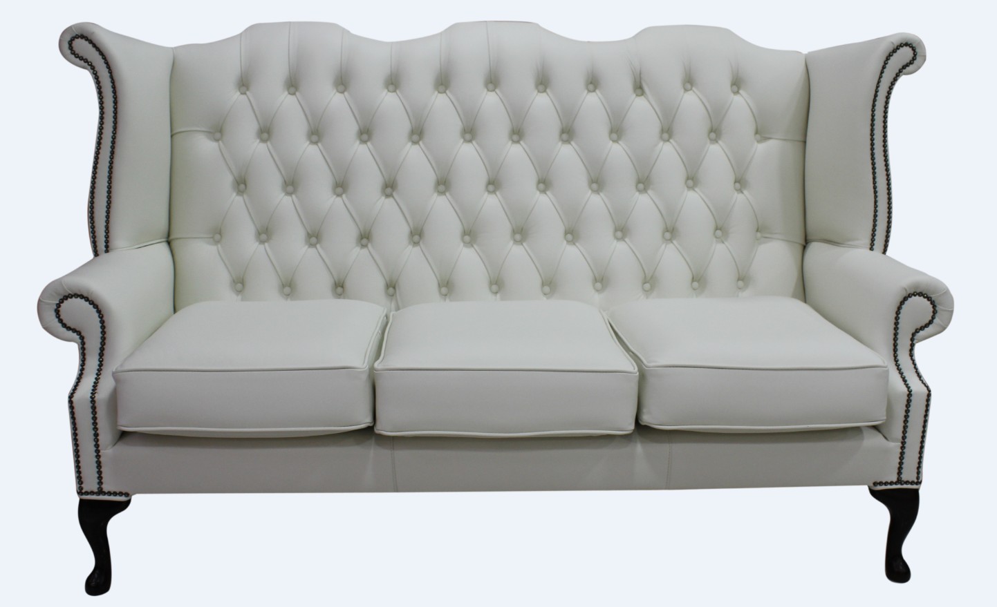 Product photograph of Chesterfield 3 Seater High Back Wing Sofa Shelly White Leather In Queen Anne Style from Chesterfield Sofas