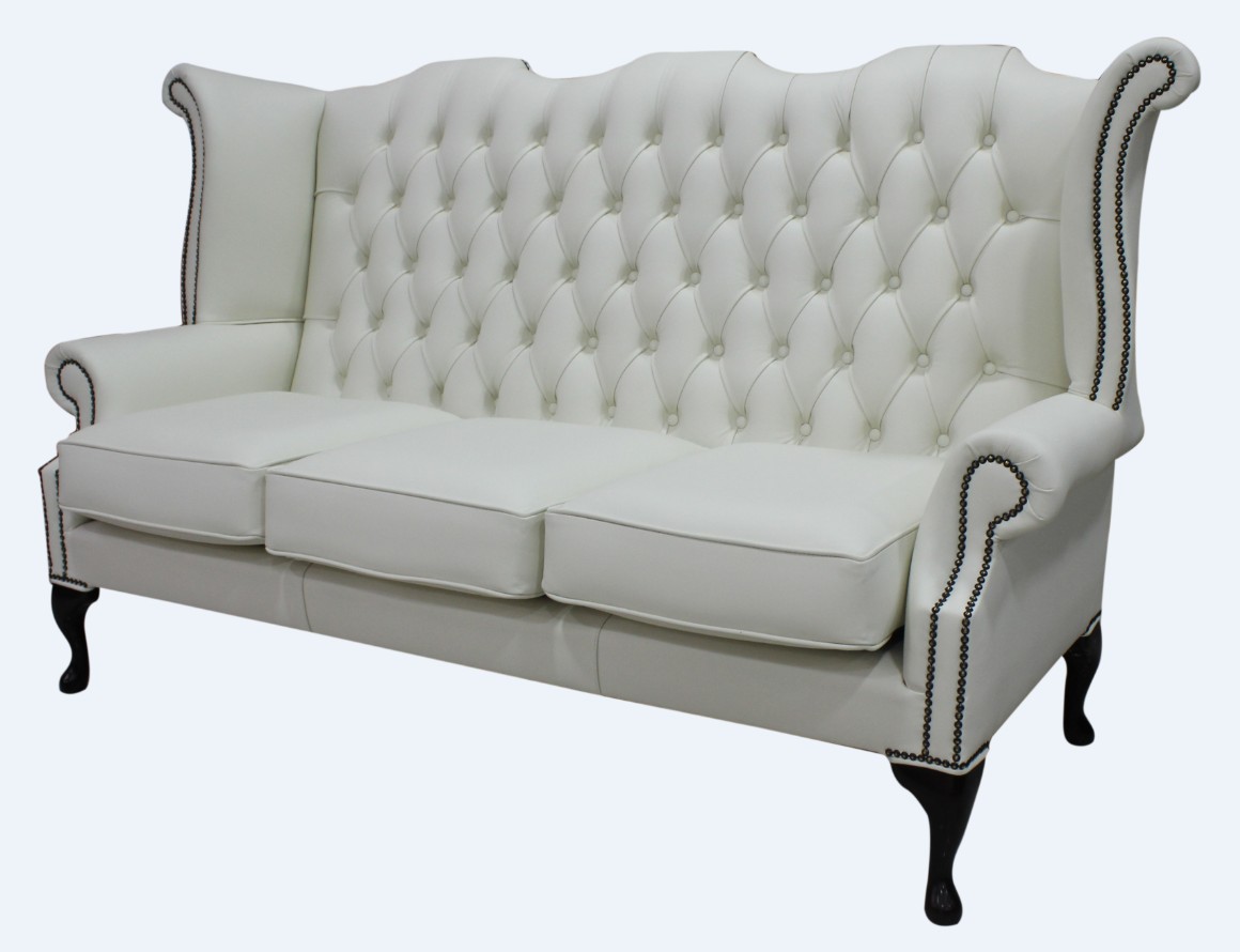 Product photograph of Chesterfield 3 Seater High Back Wing Sofa Shelly White Leather In Queen Anne Style from Chesterfield Sofas.