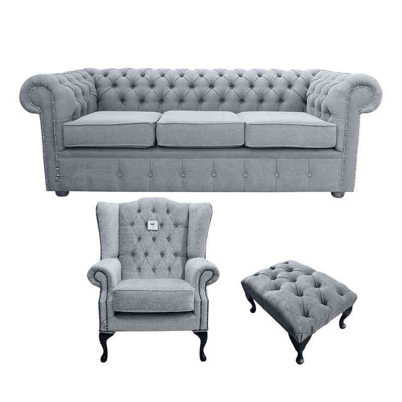 Product photograph of Chesterfield 3 Seater Mallory Chair Footstool Verity Plain Steel Grey Fabric Sofa Suite from Chesterfield Sofas