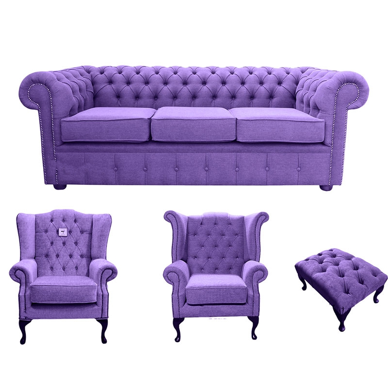 Product photograph of Chesterfield 3 Seater Mallory Chair Queen Anne Chair Footstool Verity Purple Fabric Sofa Suite from Chesterfield Sofas