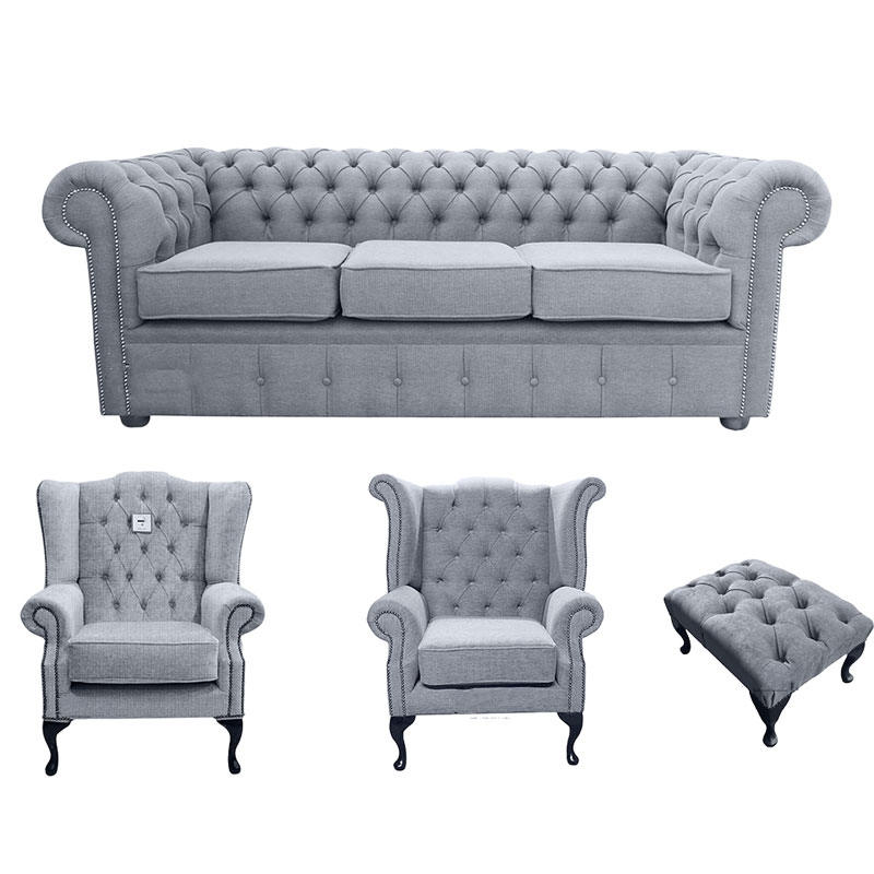 Product photograph of Chesterfield 3 Seater Mallory Chair Queen Anne Chair Footstool Verity Steel Grey Fabric Sofa Suite from Chesterfield Sofas