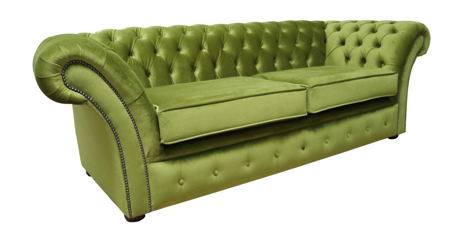 Product photograph of Chesterfield 3 Seater Malta Grass Green Velvet Sofa Settee Bespoke In Balmoral Style from Chesterfield Sofas.