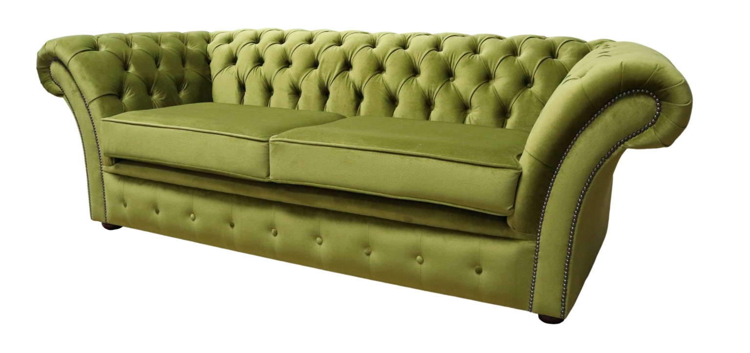 Product photograph of Chesterfield 3 Seater Malta Grass Green Velvet Sofa Settee Bespoke In Balmoral Style from Chesterfield Sofas.